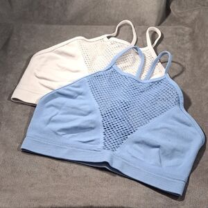 Lot of 2 Victoria Sport Mesh High Neck Racerback Sports Bra Pink + Blue VG L